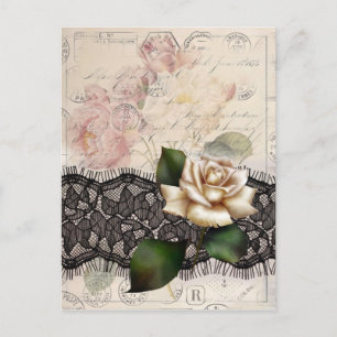 french scripts black lace victorian white rose postcard