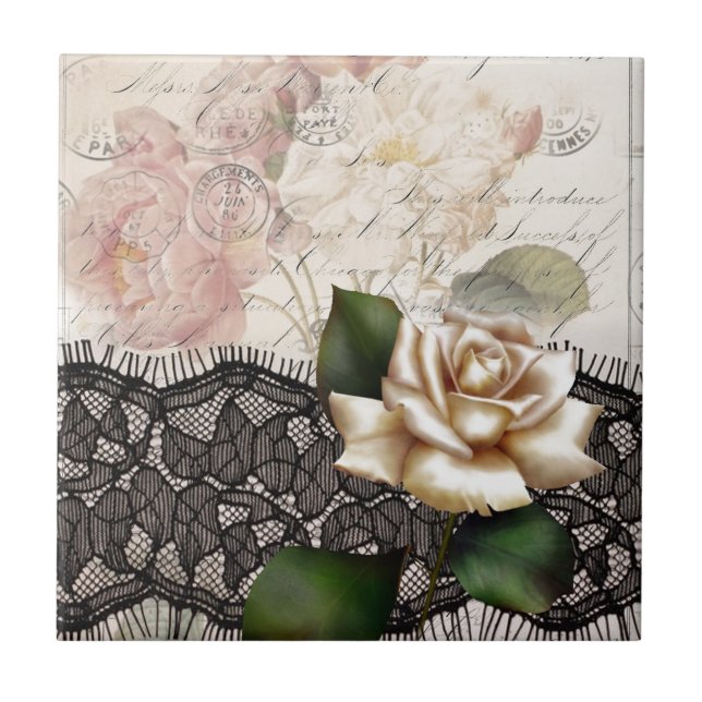 french scripts black lace victorian white rose tile (Front)