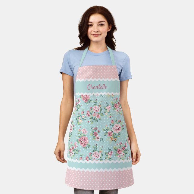 French Shabby Chic Pastel Teal Blue Pink Roses Apron (Worn)
