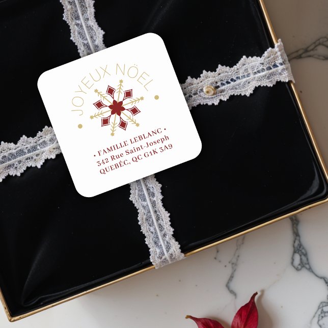 French  Sophisticated Gold & Dark Red Snowflake Square Sticker (French Cute Sophisticated Faux Golden & Dark Red Snowflake Christmas Winter Address Square Stickers.)