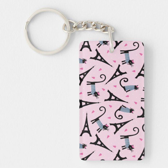 French Style Dressed Cat With Eiffel Tower Pattern Key Ring (Front)