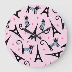 French Style Dressed Cat With Eiffel Tower Pattern Large Clock