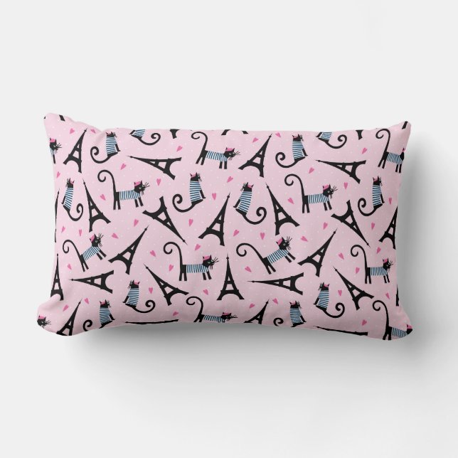 French Style Dressed Cat With Eiffel Tower Pattern Lumbar Cushion (Front)