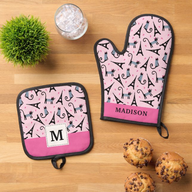 French Style Dressed Cat With Eiffel Tower Pattern Oven Mitt & Pot Holder Set (Top Down)