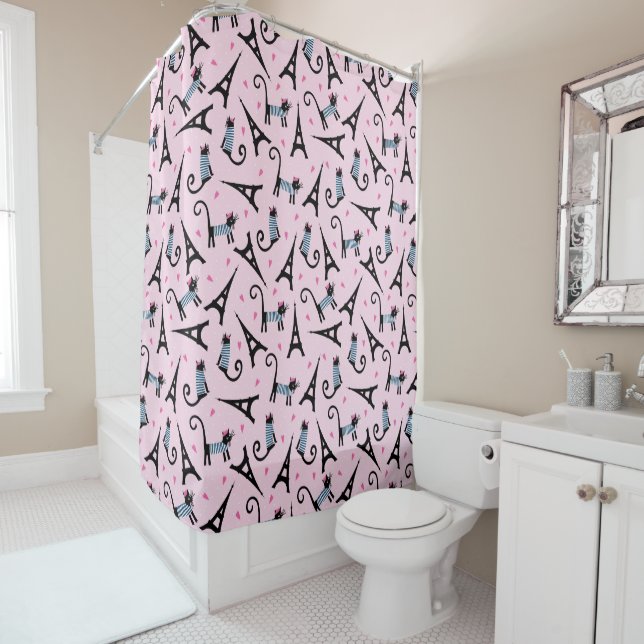 French Style Dressed Cat With Eiffel Tower Pattern Shower Curtain (In Situ)