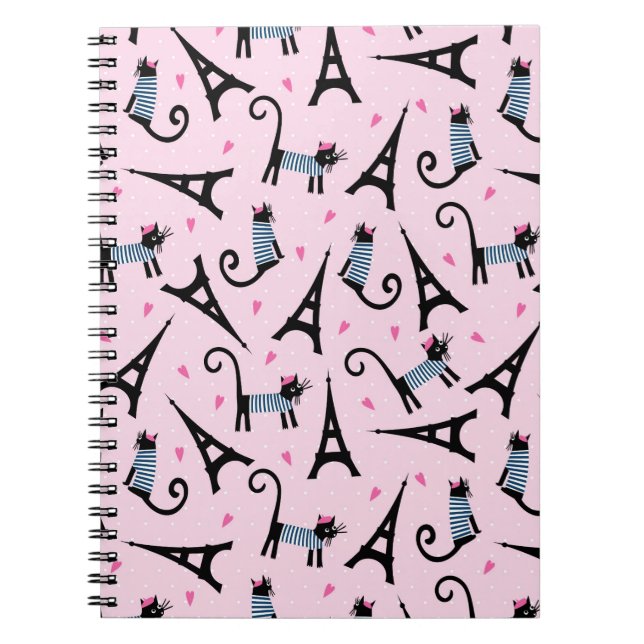 French Style Dressed Cat With Eiffel Tower Pattern Spiral Notebook (Front)