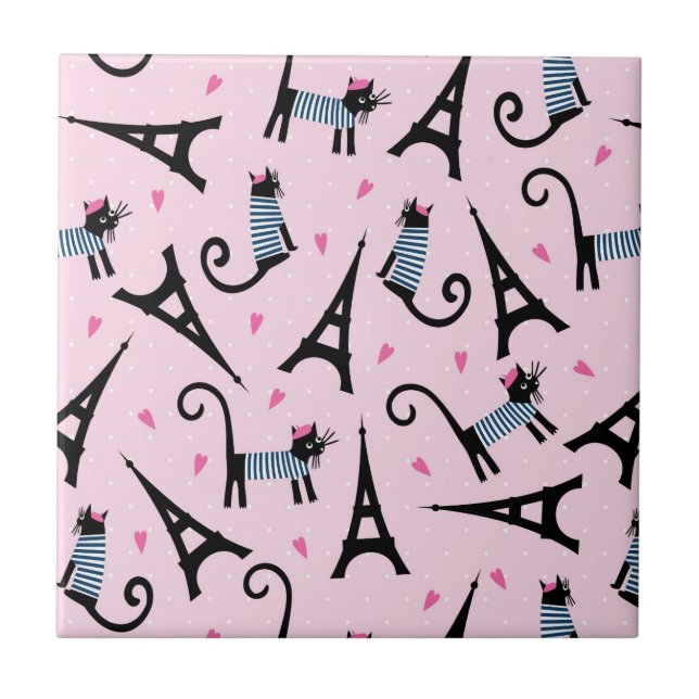 French Style Dressed Cat With Eiffel Tower Pattern Tile (Front)