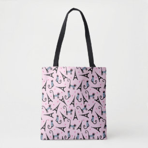French Style Dressed Cat With Eiffel Tower Pattern Tote Bag