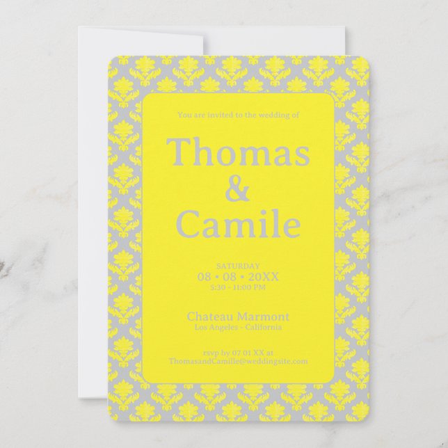 French Tapestry Bright Yellow Light Grey Wedding Invitation (Front)