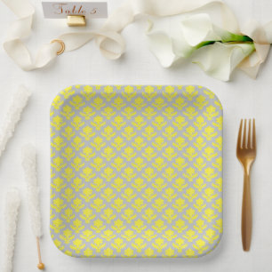 French Tapestry Bright Yellow Light Grey Wedding Paper Plate