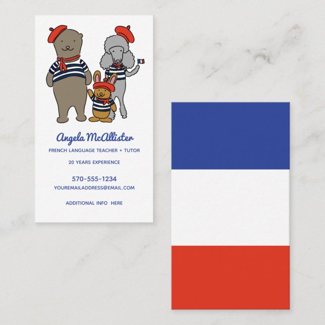 French Teacher, Tutor, Translator Cute Animals Business Card (Front/Back)