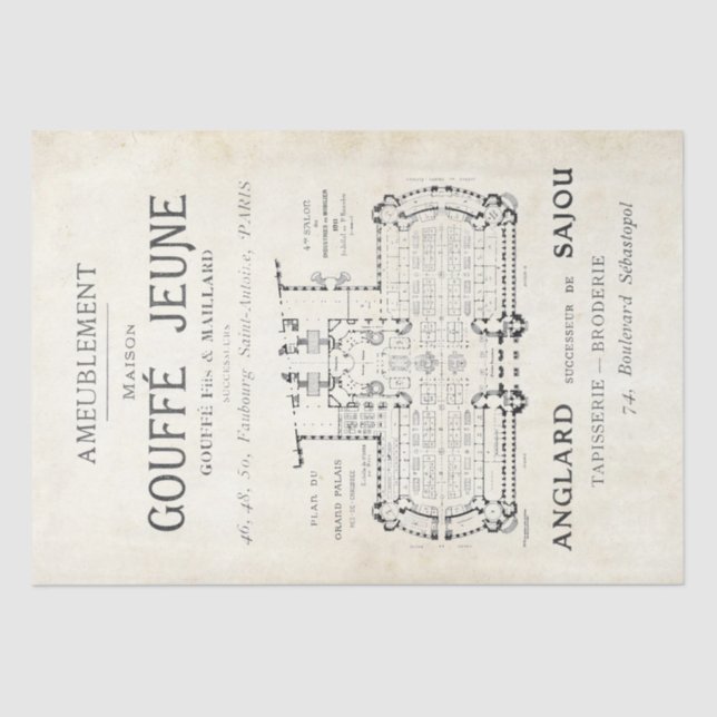 French Text Typography Map Parchment Decoupage Tissue Paper (Front)