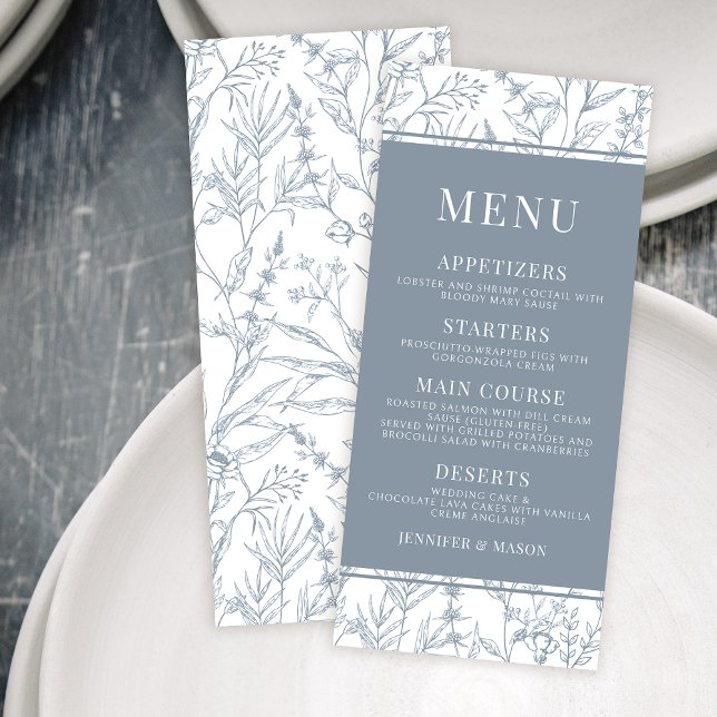 French theme dusty blue floral wedding menu cards (Creator Uploaded)