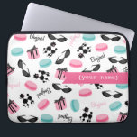 French Themed Personalised Electronics Bag<br><div class="desc">An electronics bag featuring illustrations of black poodles,  retro cat eye sunglasses,  gift boxes,  French macarons,  and "bonjour!" Personalise with your name on front.</div>