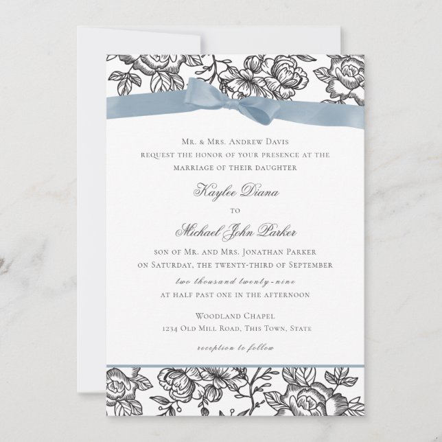 French Toile and Blue Bow Invitation (Front)