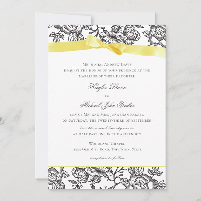 French Toile and Yellow Bow Invitation (Front)