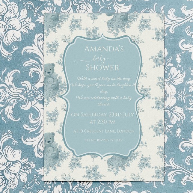 French Toile Bear and Bunny  Baby Shower Invitation (Creator Uploaded)