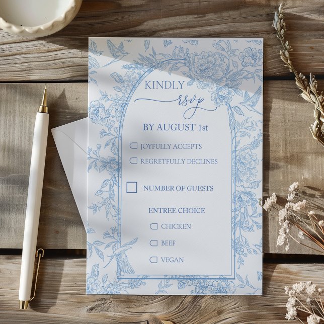 French Toile Blue and White Floral Wedding RSVP Card (French Toile Blue Vintage Wedding RSVP)
