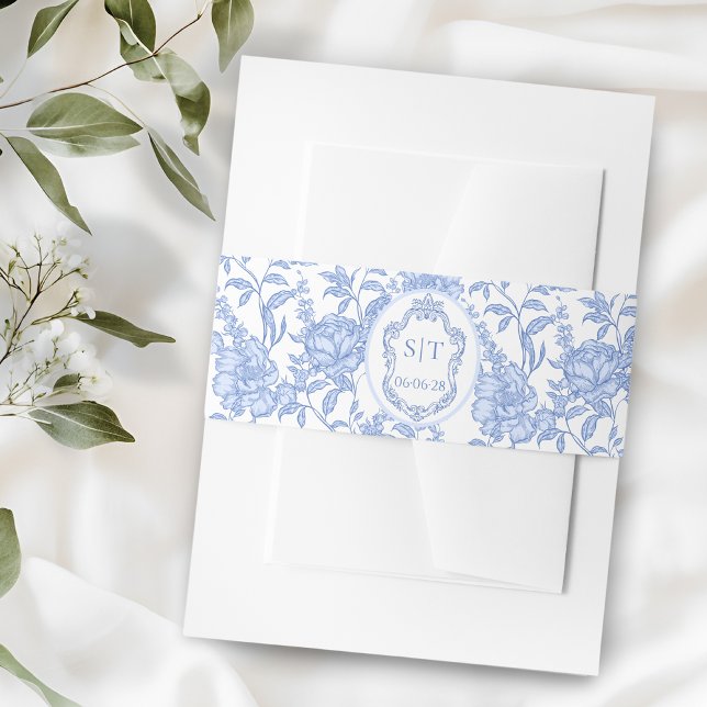 French Toile Blue Floral Chinoiserie Monogram Invitation Belly Band (Creator Uploaded)