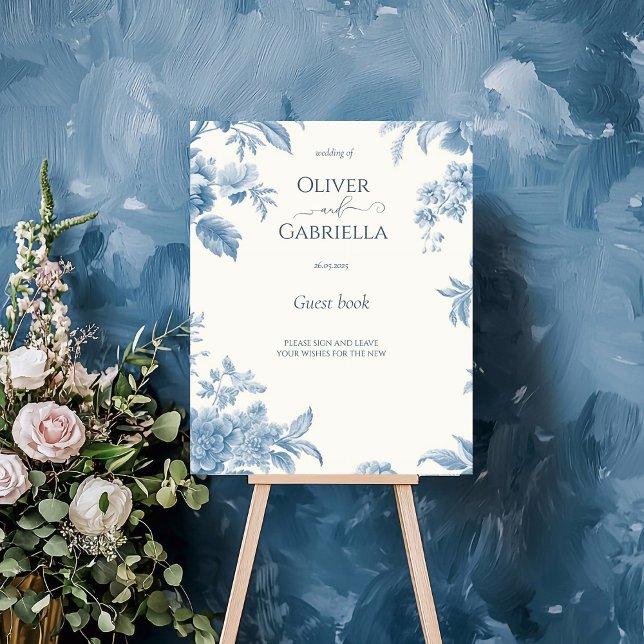 French toile Blue Floral Wedding Guestbook Sign (Creator Uploaded)