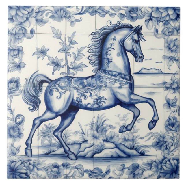 French Toile Carousel Horse Tile (Front)