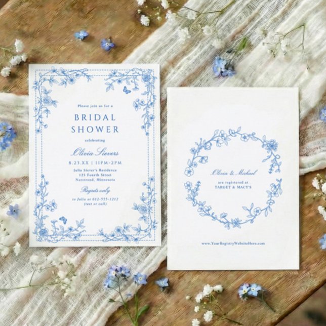 French Toile Chinoise Blue and White Bridal Shower Invitation (Blue and white wildflower bridal shower invitation with French vintage toile corner florals)