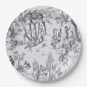 French toile de jouy black and white classic paper plate