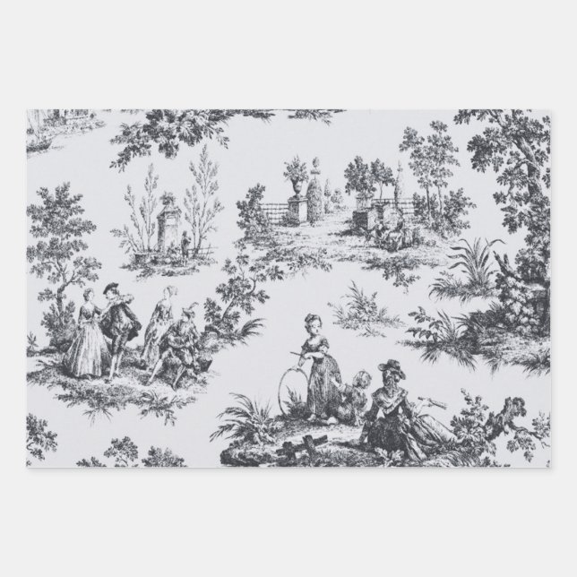 French toile de jouy black and white decoupage wrapping paper sheet (Front)