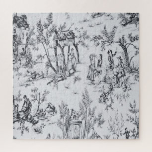 French toile de jouy black and white elegant art jigsaw puzzle