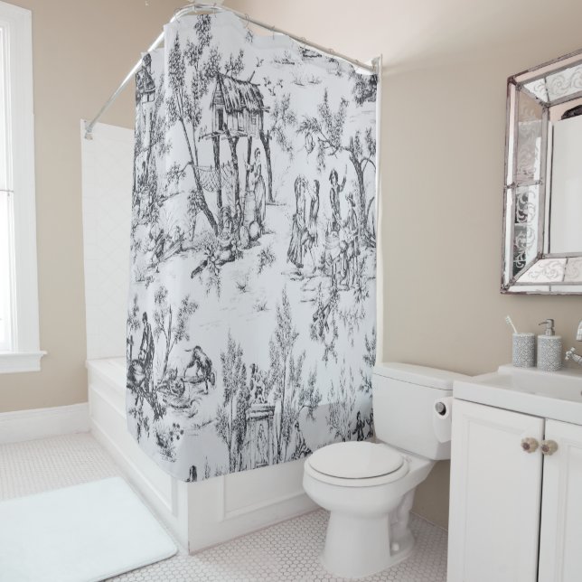 French toile de jouy black and white elegant art shower curtain (In Situ)