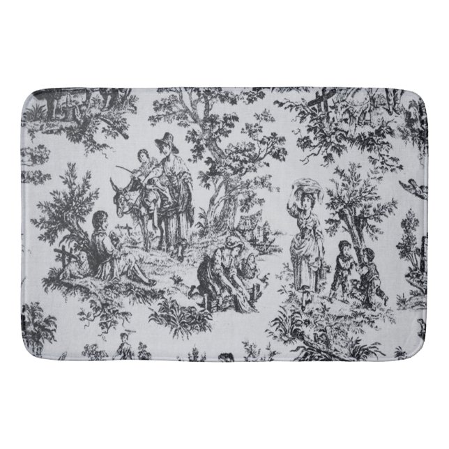 French toile de jouy black and white elegant bath mat (Front)