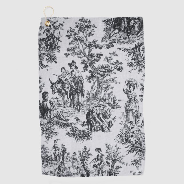 French toile de jouy black and white elegant golf towel (Front)