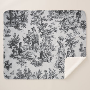 French toile de jouy black and white elegant sherpa blanket