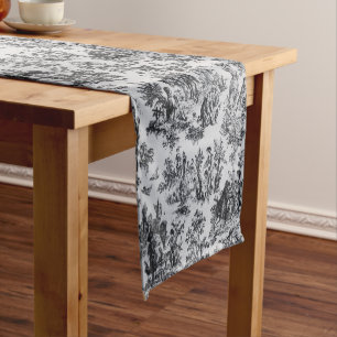 French toile de jouy black and white elegant  short table runner