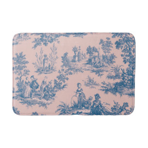 French toile de jouy blue and pink elegant bath mat
