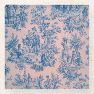 French toile de jouy blue and pink elegant glass coaster