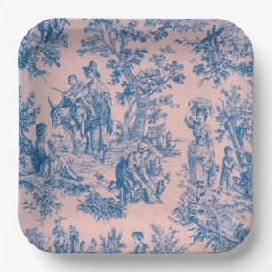 French toile de jouy blue and pink elegant paper plate
