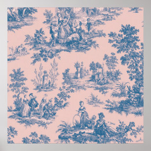 French toile de jouy blue and pink elegant poster