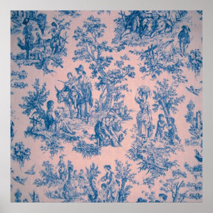 French toile de jouy blue and pink elegant poster