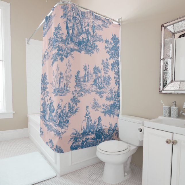 French toile de jouy blue and pink elegant shower curtain (In Situ)