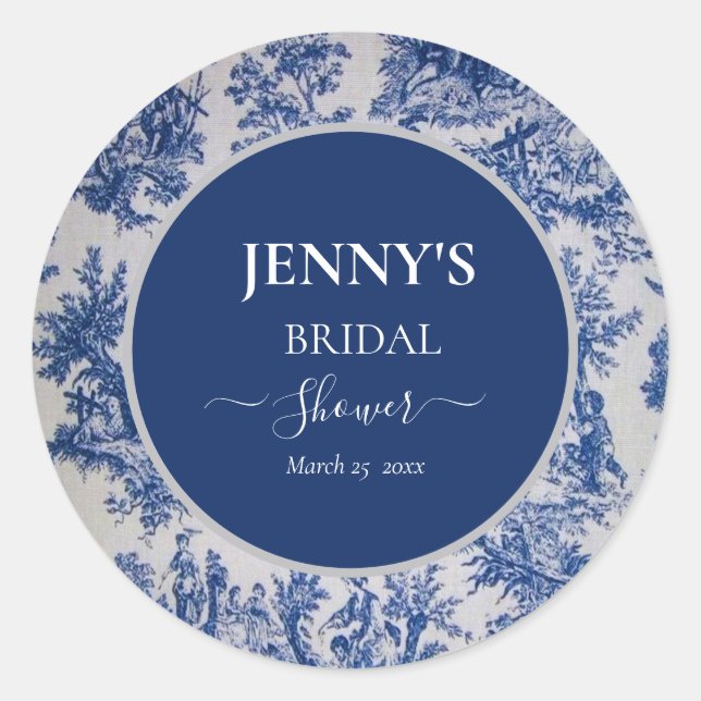 French Toile de Jouy Blue and White Bridal Shower Classic Round Sticker (Front)