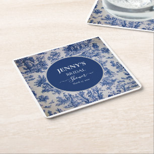 French Toile de Jouy Blue and White Bridal Shower Square Paper Coaster