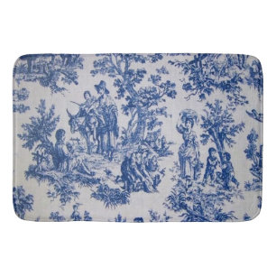 French toile de jouy blue and white elegant bath mat