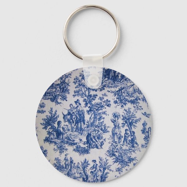 French toile de jouy blue and white elegant key ring (Front)