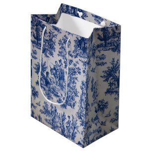 French toile de jouy blue and white elegant medium gift bag