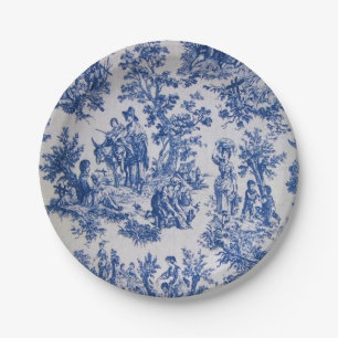 French toile de jouy blue and white elegant paper plate
