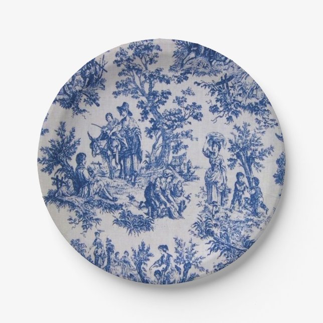 French toile de jouy blue and white elegant paper plate (Front)