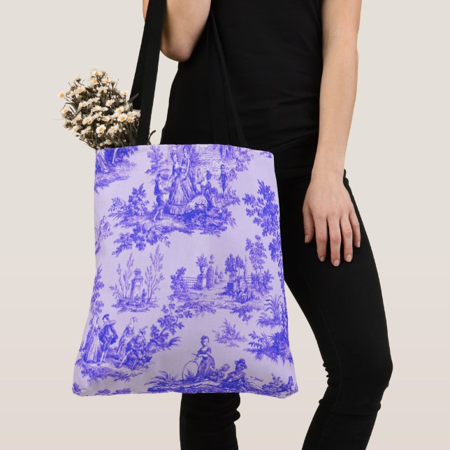 French toile de jouy blue and white elegant tote bag (Close Up)