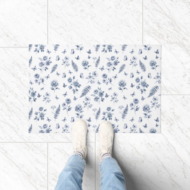 French Toile de jouy blue pattern Chinoseirie Doormat (Indoor)