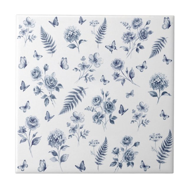 French Toile de jouy blue pattern Chinoseirie Tile (Front)